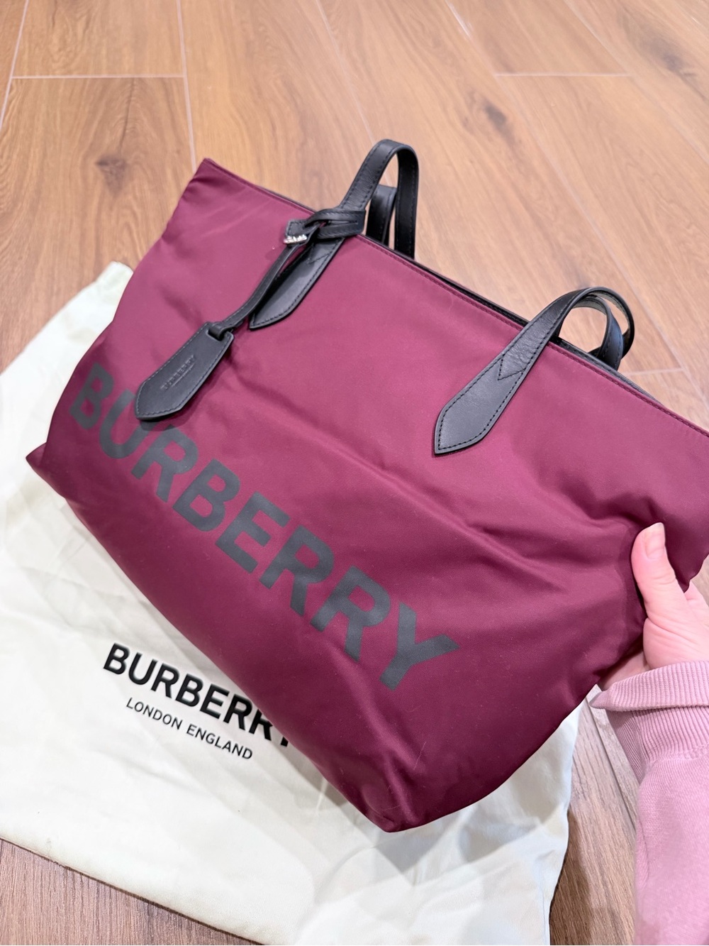 New Burberry ECONYL Logo Medium Nylon Tote Bag in Burgundy color